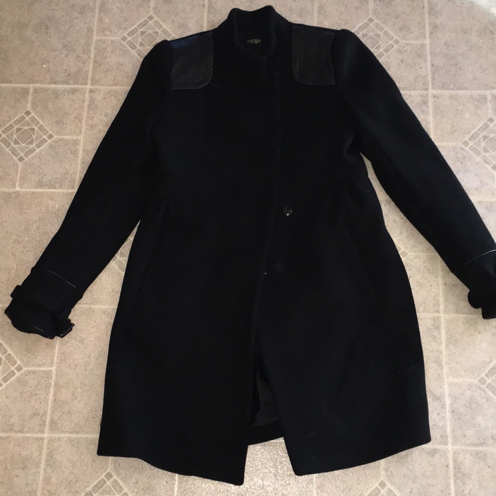 MAJE BLACK EUC LEATHER TRIM FLARE COAT